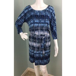 NWT Women's Guess White/Blue/Gray Print 3/4 Sleeve Tie Waist Dress Sz 8